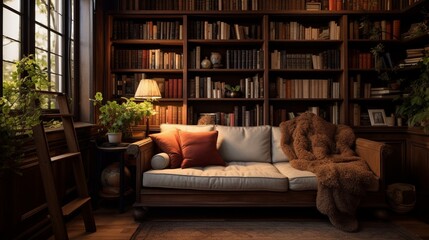 Obraz premium A cozy reading corner with built-in bookshelves and warm-toned walls, the high-definition camera capturing the intimate and literary atmosphere.