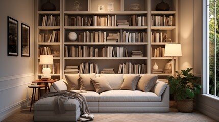 A cozy reading corner with built-in bookshelves and neutral interior walls, the high-definition camera highlighting the comfort and intellectual ambiance.