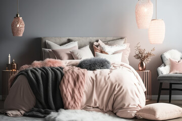 King-size bed design concept with pink blanket and fur pillow, actual image. Generative AI