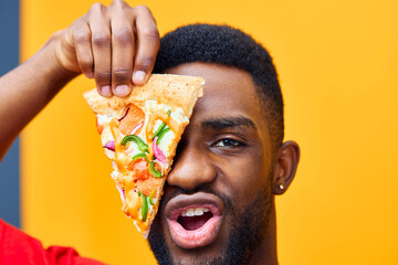 concept man happy black guy pizza fast hold delivery background smile food food