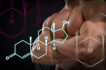 Muscular man and structural formula of testosterone on black background, closeup