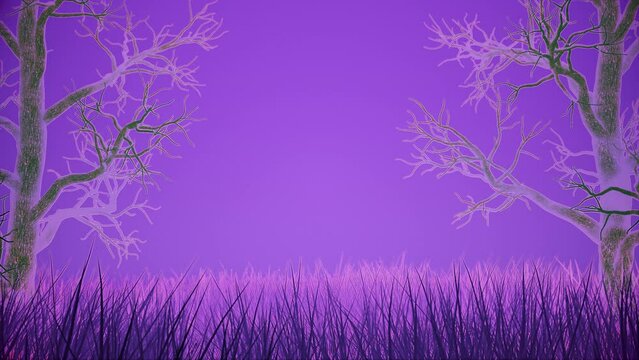 Glowing trees and grass animated in a seamless loop on a purple background with space for titles, text, or logos.