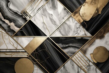 Abstract 3D mural wallpaper with golden lines, marble, wooden, and black shapes. Generative AI