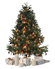 Decorated christmas tree with gifts under xmas tree isolated on transparent background. 3d...