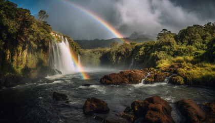 Tranquil scene of majestic mountain range with flowing water and rainbow generated by AI
