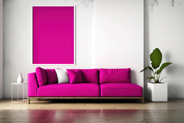 Interior of living room with fuchsia leather couch, oak floors, and white walls. illustration. Generative AI