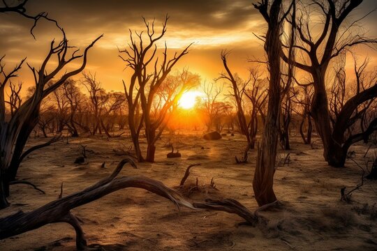 Eerie arid wasteland, barren trees, sunset. Generative AI