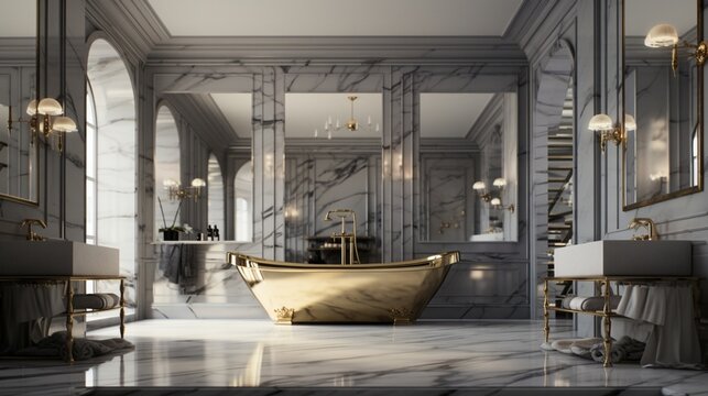 A luxurious bathroom with marble walls and gold accents, the high-resolution camera highlighting the opulence and sophistication of the space.