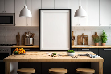Mockup of a frame in a kitchen setting, on a wooden table. Generative AI