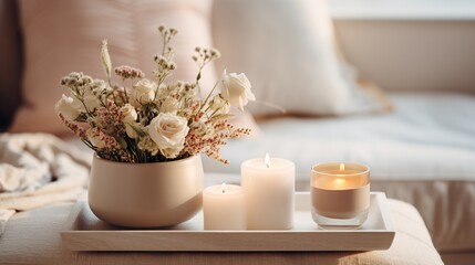 Flowers in vase and burning candles in living room, cosy winter interior home decor, calm and relax  aromatherapy, mock up arrangement