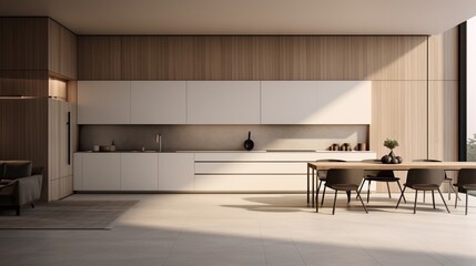 A minimalist kitchen with clean lines and neutral-toned interior walls, the HD camera highlighting the simplicity and functionality of the modern design.