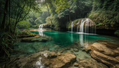 Tranquil tropical rainforest landscape, flowing water, majestic mountain beauty generated by AI