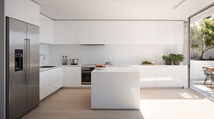 A minimalist kitchen with white walls and stainless steel appliances, the high-resolution camera emphasizing the clean and streamlined design.