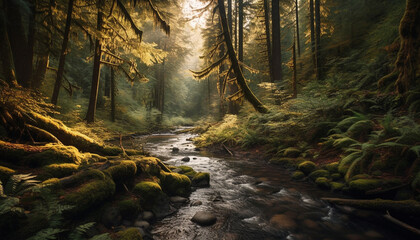 Tranquil scene of a wet forest with fog and flowing water generated by AI