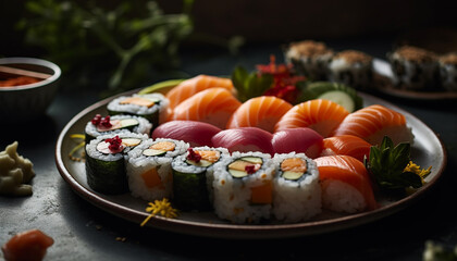 Fresh seafood plate with maki sushi and sashimi variation generated by AI