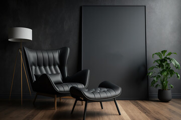 A luxurious black leather recliner and an empty poster are in a dark concrete room with a wooden floor. mockup. Generative AI