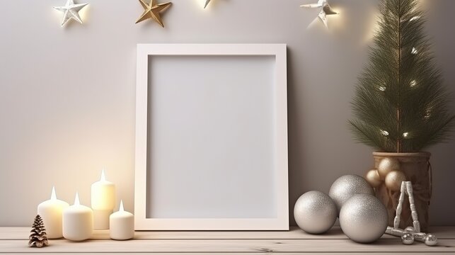 White blank picture frame with Christmas decorations, holidays festive mock up