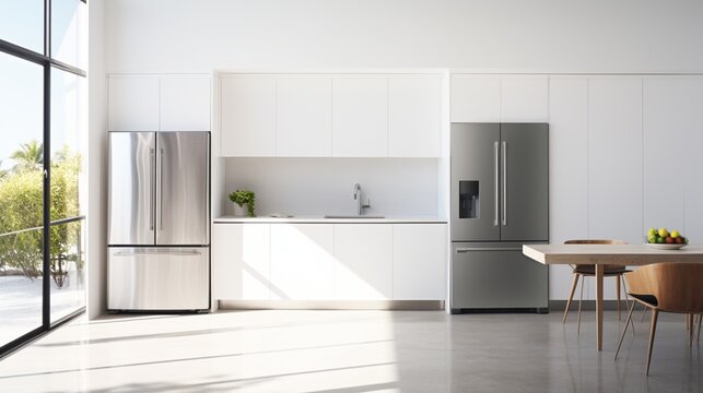 A minimalist kitchen with white walls and stainless steel appliances, the high-resolution camera emphasizing the clean and streamlined design.