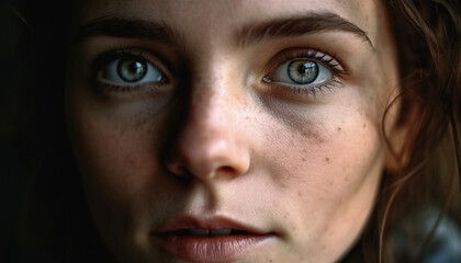 Fototapeta premium Cute young woman with brown hair staring at camera, smiling generated by AI