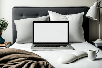 Empty laptop on elegant bed in room. Generative AI