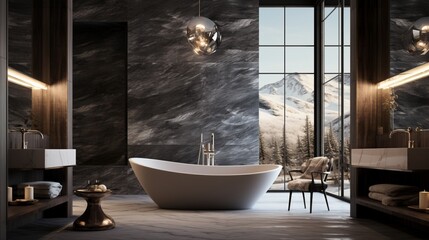 "A contemporary, black matte tub against a mosaic-tiled wall, illuminated by soft, indirect lighting."
