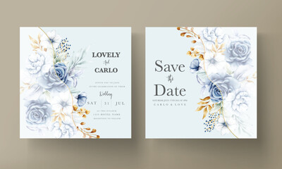wedding invitation card with beautiful white blue and gold floral
