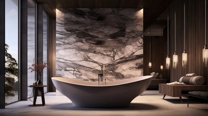 "A sleek, freestanding tub nestled against a backdrop of ambient lighting and textured walls."

