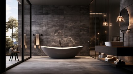 "A sleek, freestanding tub nestled against a backdrop of ambient lighting and textured walls."
