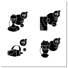 Virtual reality glyph icons set. VR player, augmented reality, headset. Modern technology concept. Filled flat signs. Isolated silhouette vector illustrations