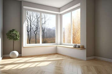 Fototapeta premium Empty interior corner with light beige walls, large window, light glossy parquet floor, and white plinth. Perspective. Window Work Path. 8K UHD, 7680x4320, 300 dpi. Generative AI