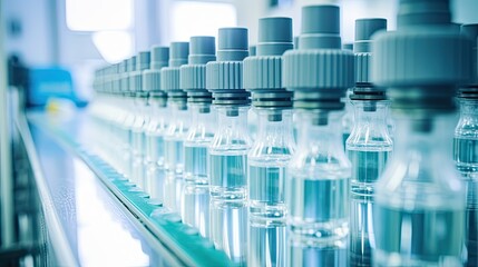 Medical vials on production line at pharmaceutical factory, Pharmaceutical machine working pharmaceutical glass bottles production line, health care, pandemic