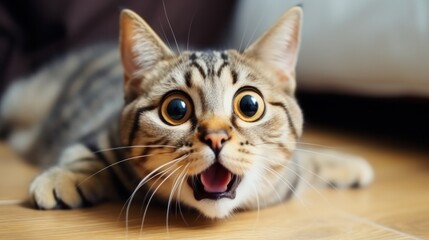 surprised cat make big eyes. American shorthair surprised cat or kitten funny face big eyes, cute, domestic, kitten, feline, Emotional surprised, kitty, wow. - obrazy, fototapety, plakaty