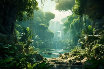 Concept of Earth Day with lush tropical forest, natural environment featuring a dense tree canopy in the wilderness. Generative AI