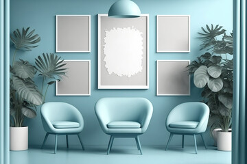 Poster showcase in a room with a flat color interior and five frames on the wall, as well as a monotone light blue gallery wall without any furniture. Generative AI