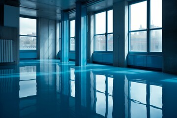 Blue floor and reflected window. Generative AI