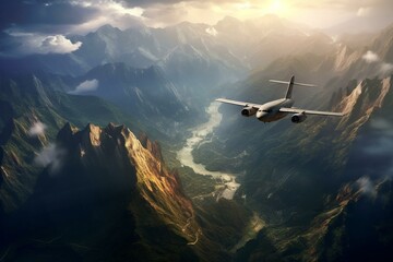 Fototapeta na wymiar An aircraft soars above the mountains. Stunning scenery. Generative AI