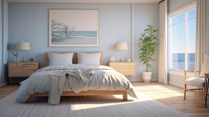 A serene bedroom with soft blue interior walls, the high-resolution camera highlighting the...