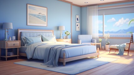 A serene bedroom with soft blue interior walls, the high-resolution camera highlighting the peaceful atmosphere and the calming color palette of the room.
