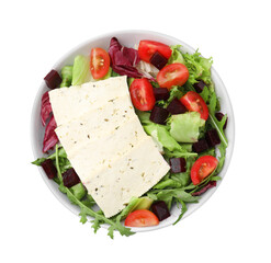 Bowl of tasty salad with tofu and vegetables isolated on white, top view