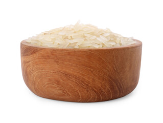Raw rice in bowl isolated on white