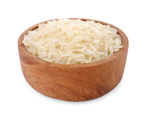 Raw rice in bowl isolated on white