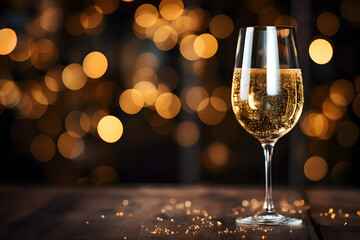 Sparkling Celebrations, A Dark Festive Glass of Champagne on Bokeh Background