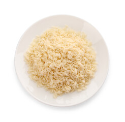 Plate with delicious rice isolated on white, top view