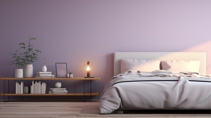 A serene bedroom with soft lavender walls and minimalist decor, the HD camera capturing the tranquil and calming ambiance of the space.