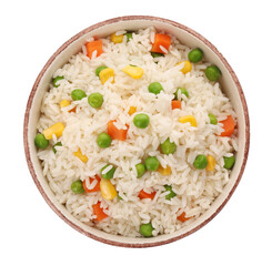Bowl of delicious rice with vegetables isolated on white, top view
