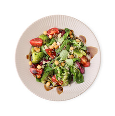 Tasty salad with balsamic vinegar isolated on white, top view