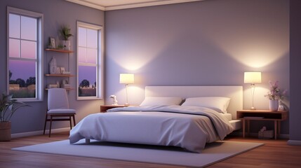 Fototapeta na wymiar A serene bedroom with soft lavender walls and minimalist decor, the HD camera capturing the tranquil and calming ambiance of the space.