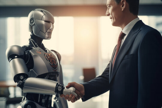 Robot and Man Shake Hands at Office