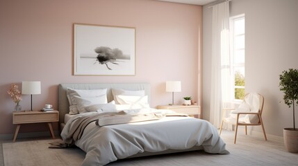 Fototapeta na wymiar A serene bedroom with soft pastel-colored walls and minimalistic decor, the HD camera highlighting the tranquility and simplicity of the design.