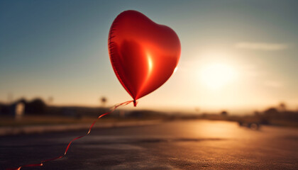 Fototapeta premium Romantic hot air balloon flying at sunset, symbol of love generated by AI